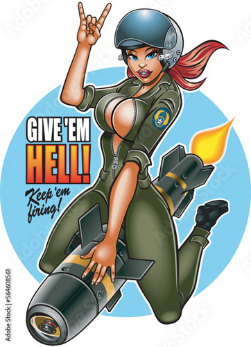 Vector illustration Pinup style attractive military young woman riding a missile photo