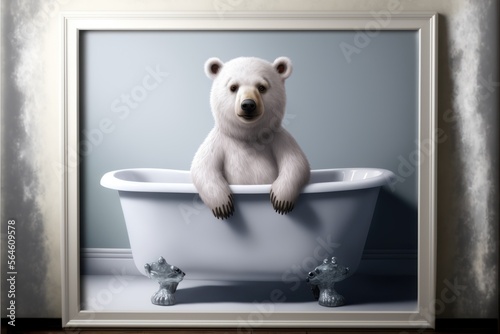 Polar bear taking bath in the bathroom. Big white bear in the bathtub. AI generative