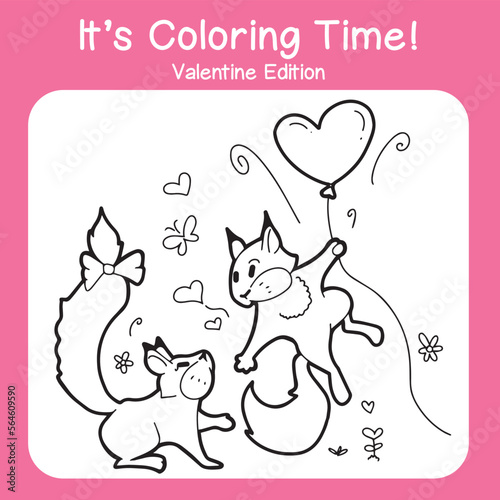 Coloring page for valentine's day. Lovey dovey squirrels. Black and white vector illustration. Printable coloring book for kids and adults. photo