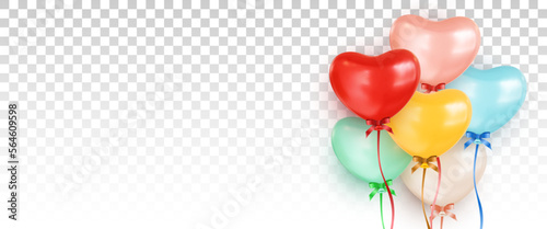 Bunch of multicolored helium balloons in the shape of a heart on transparent background with an empty space on the left. Heart icons in different colors. Valentines Day greeting card design elements