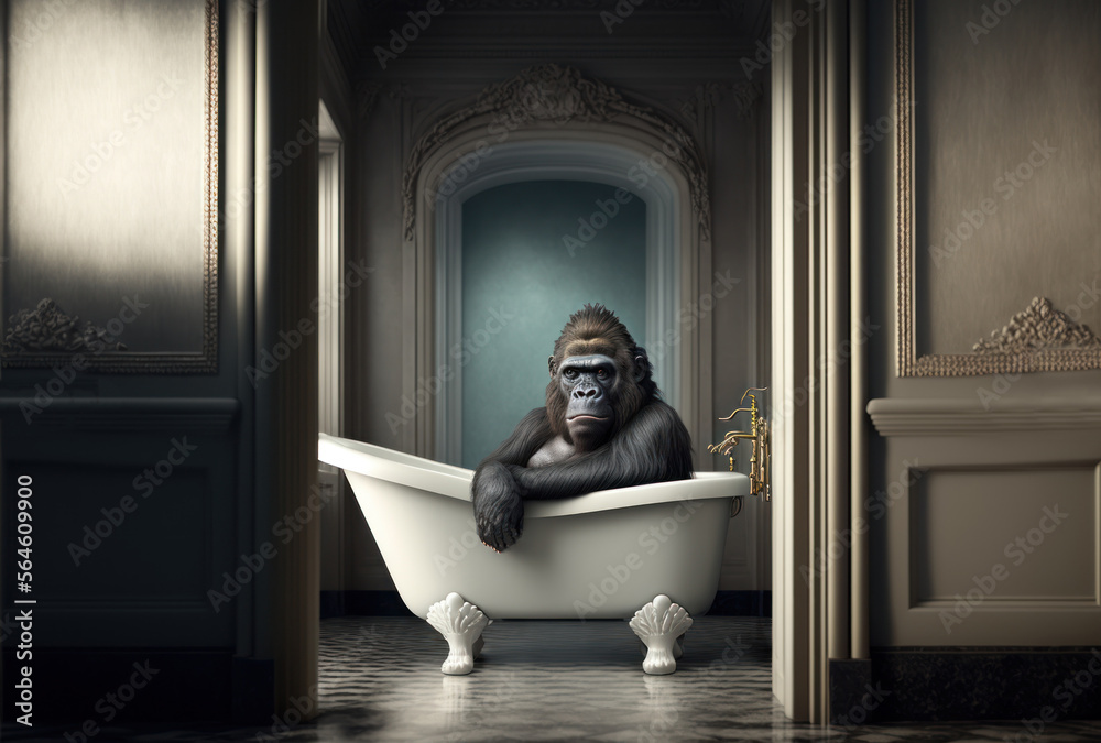 Gorilla taking bath in the bathroom. Big mammal in the bathtub. AI
