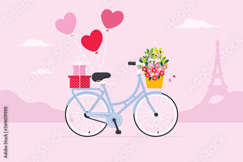 Vector illustration of a bicycle with heart balloons, gifts and flowers for Valentine's Day. Valentine's Day background.