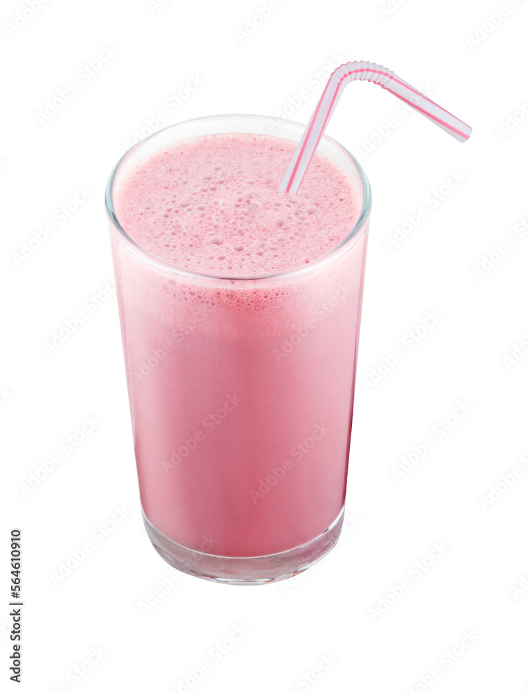 Batido de fresa con pajita sobre fondo blanco. Strawberry milkshake with straw on white background. Batido de fresa con pajita sobre fondo blanco. Strawberry milkshake with straw on white background.