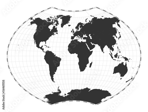 Vector world map. Ginzburg VI projection. Plain world geographical map with latitude and longitude lines. Centered to 0deg longitude. Vector illustration. © Eugene Ga