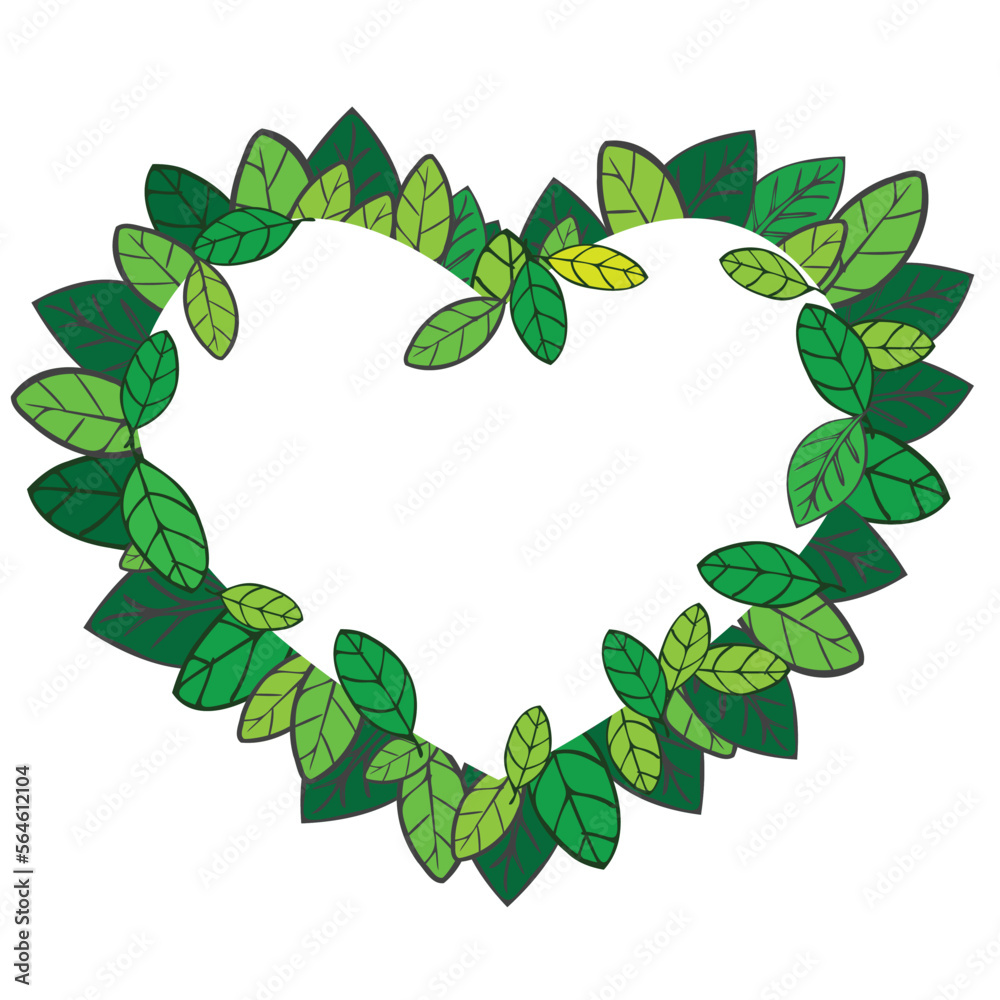 Green leaves frame with copy space in the middle, love heart shape, vector illustration of natural mock up template