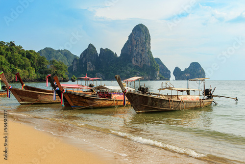 Traditional Thai long-tail boats moored on the Railay beach