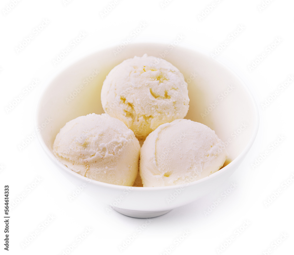 Sweet creamy ice cream in bowl on white