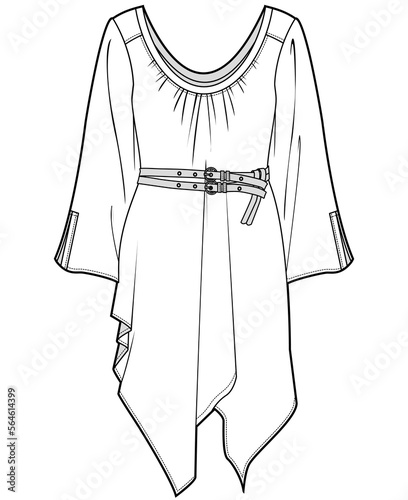 womens kaftan dress flat sketch vector technical cad drawing template