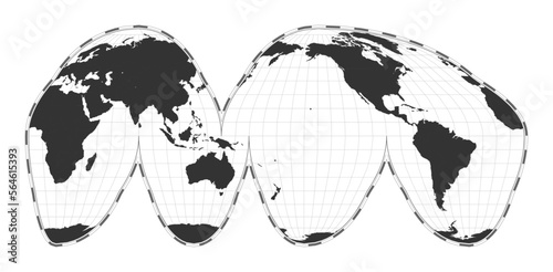 Vector world map. Goode's interrupted homolosine projection. Plain world geographical map with latitude and longitude lines. Centered to 180deg longitude. Vector illustration.