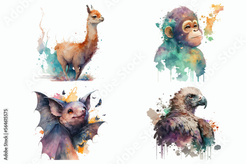 Safari Animal set Vulture, vicuña, monkey, vampire bat in watercolor style. Isolated vector illustration