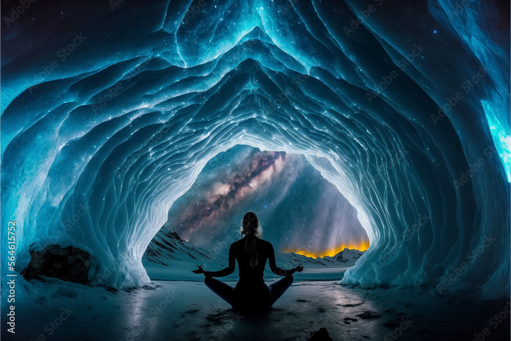 A woman practicing yoga in an ice cave at night. generative ai