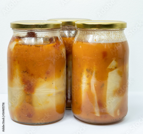 Stuffed cabbage in a jar with tomato sauce - homemade preserves with cabbage and minced meat