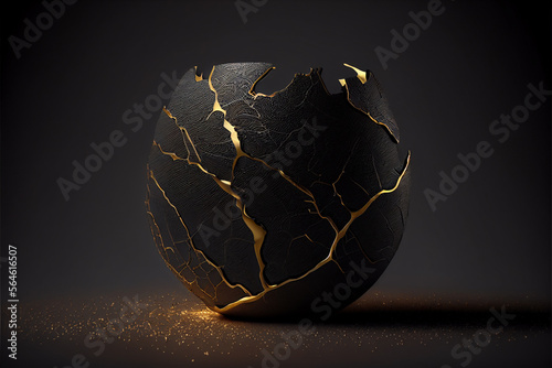 Gold Black Bowl, Golden Luxury Kintsugi Vase, Vantablack Mockup with Gold Metal Pattern, Generative AI Illustration photo