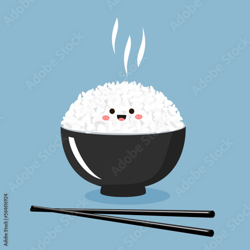 Rice bowl cartoon with smoke and chopsticks on blue background vector illustration. Cute cartoon food. Vector Formats