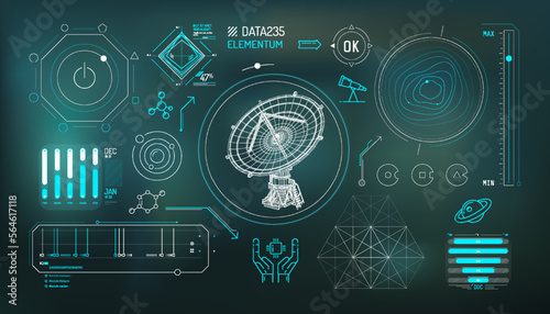 Set of infographic elements about radio astronomy and space observation.