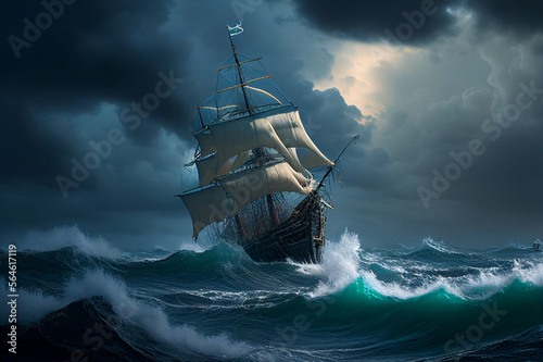 Antique Ship in Storm, Vintage Pirate Boat, Generative AI Illustration