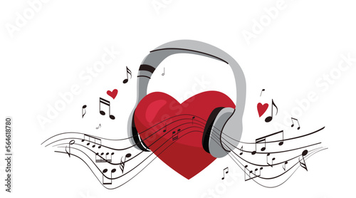 Big red heart in headphone, music notes, sheet at the air in flat