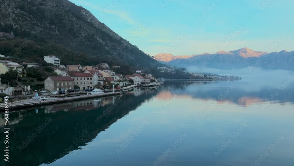 City on the coast of kotor bay. Aerial view. Morning time in Montenegro