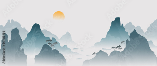 Vector mountain landscape with Chinese style background. Japanese watercolor painting with blue hills, trees in the fog. Oriental wallpaper design for wall art, print, decor, packaging.