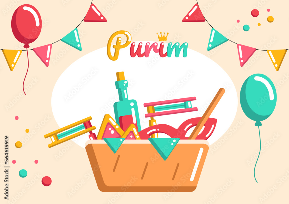 Purim holiday basket with party objects, wine, hamantaschen, mask and beanbags, greeting card, invitation with flags and balloons on the background. Purim holiday basket with party objects, wine, hamantaschen, mask and beanbags, greeting card, invitation with flags and balloons on the background.