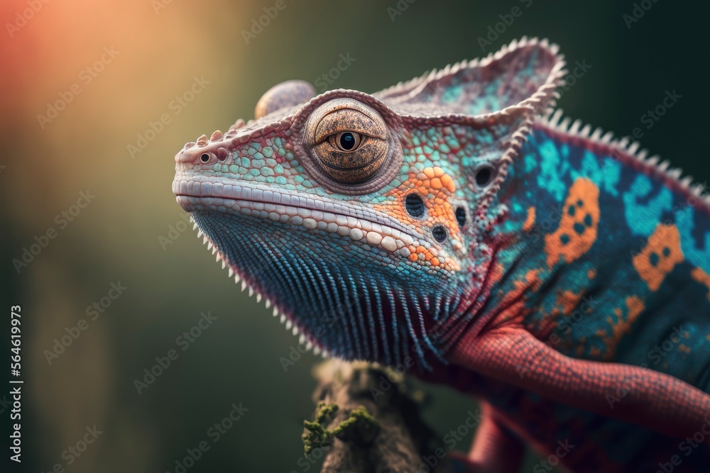 Fototapeta premium Chameleon close up potrait. Macro photo of chameleon. Beautiful chameleon on branch. Chameleon close up. Multicolor Beautiful Chameleon closeup reptile with colorful bright skin. generative ai