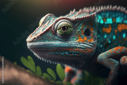 Chameleon close up potrait. Macro photo of chameleon. Beautiful chameleon on branch. Chameleon close up. Multicolor Beautiful Chameleon closeup reptile with colorful bright skin.  generative ai