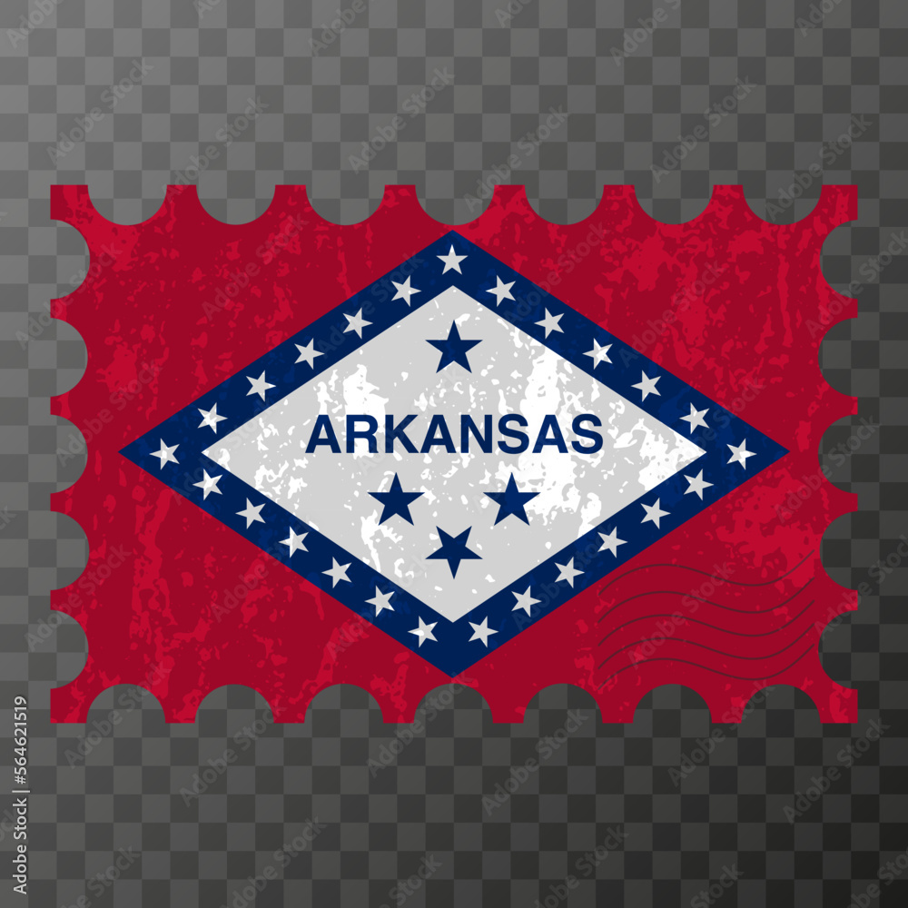 Postage stamp with Arkansas state grunge flag. Vector illustration.