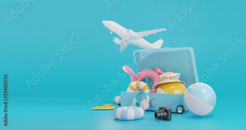 summer vacation concept. blue suitcase with beach accessories on blue background. vacation time. Summer vacation background. 3d render illustration