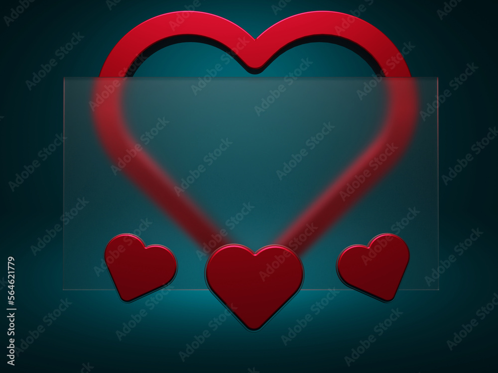 3d rendering of a template, rectangular translucent glass, red hearts behind and in front of glass, blue background