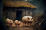 adult pigs and piglets walk near wooden pigsty at pig farm