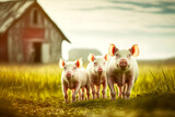 domestic piglets graze and feed in field at pig farm