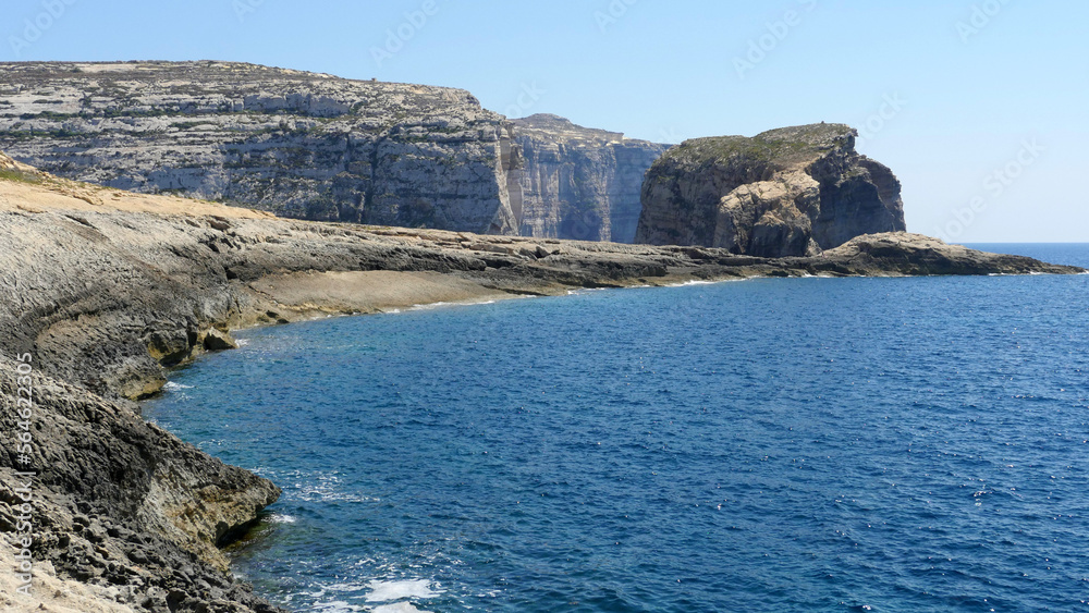 The rugged. Rocky coast of Gozo, Malta, The Stone Crocodile and Fungus rock
