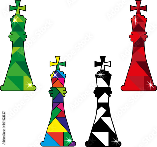 Set with chess monarch on white background. Mosaic chess king. Collection of creative glass table game figures.