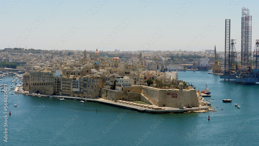 Senglea and the Grand Harbour, Valletta, with cranes