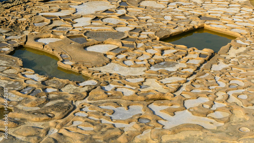 Interesting patterns made by Sea salt production on the island of Gozo.  Ancient salt pans photo