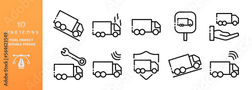 Transport black line icons set. Editable stroke, truck, delivery, goods, service, repair, descent,rise, reliability, service, receiving, returning, plate. Trucking concept. Vector black line icons set
