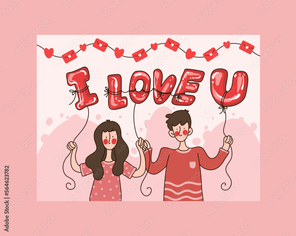 Valentine's day card, couple hodign I love you balloon blooming in there hands- cute greeting for the celebration of love and romance