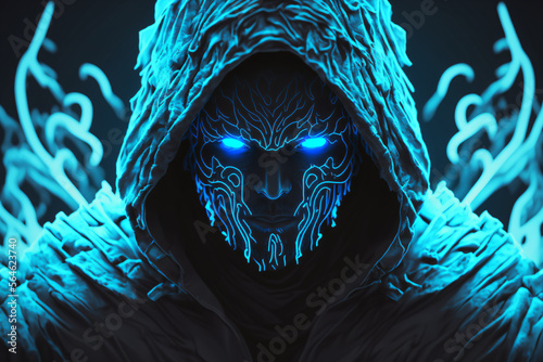 blue cyborg assassin with glowing eyes and a black dark hood, generative ai photo