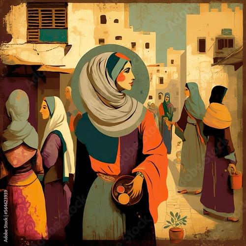 Retro Painting Of A Woman In A Middle Eastern Bazaar, Generative AI
