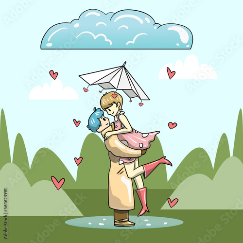 Beautiful young couple under an umbrella looking each other romantically on rainy day.