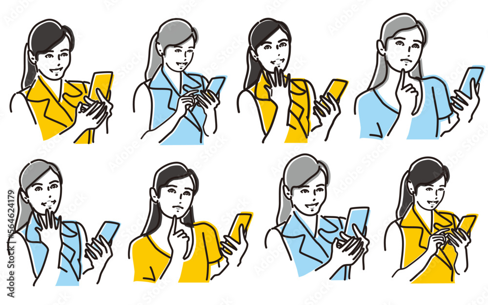 スマホを見て微笑んだり思案したりする素敵な女性
スマホを見て微笑んだり思案したりする素敵な女性