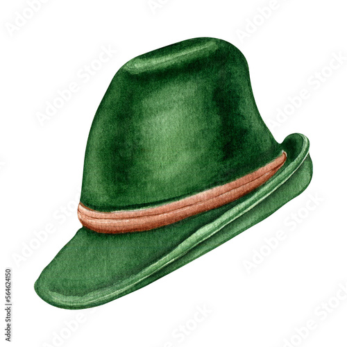 German green hat watercolor illustration isolated on white background. Oktoberfest hat, Bavarian hat hand drawn. Design element for advertising beer festival, banner, menu, packaging, poster.