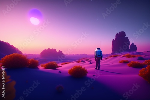 Astronaut alone on dry planet, space, sunset in the mountains, landscape background illustration generative AI © Wian