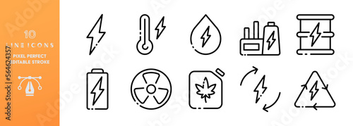 Energy line icons set. Editable stroke, electricity, temperature, water, power plant, battery, nuclear power, recyclable, fuel, tank, plant. Infrastructure concept. Vector black line icons set
