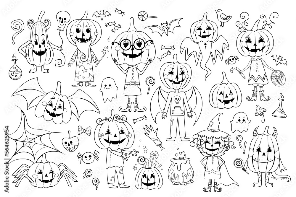 Big Collection of Halloween Characters. Witch and Wizard, Schoolgirls and Vampire, Zombie and Ghosts, Spider and Bat, Monsters and Lot of Deco Elements.  Coloring Book Page. Vector Illustration