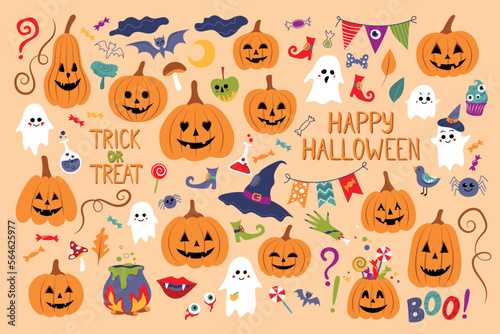 Big Collection of Halloween Elements. Pumpkins  Zombie and Ghosts  Spiders and Bats  Witchcraft and Lot of Deco Elements.  Hand Drawn Style. Vector Illustration