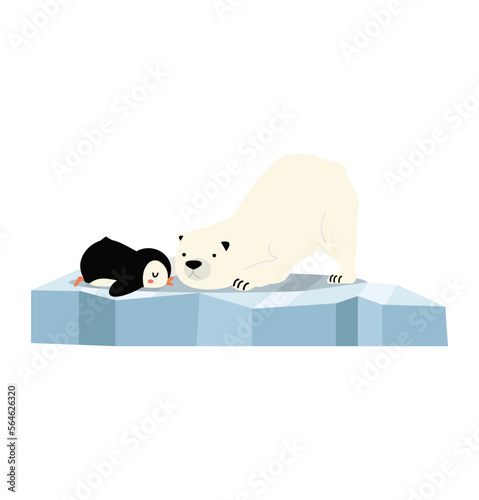 polar bear and penguin sleeping on an iceberg