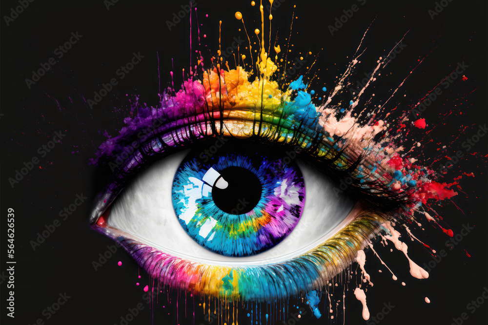 Close up of a colorful female eye on black background. Rainbow colors paint drops from eyelashes, fashion, make up. AI generative Close up of a colorful female eye on black background. Rainbow colors paint drops from eyelashes, fashion, make up. AI generative