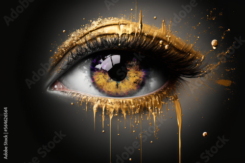 Close up of a golden female brown eye on dark gray background. Gold paint drops from eyelashes. AI generative photo