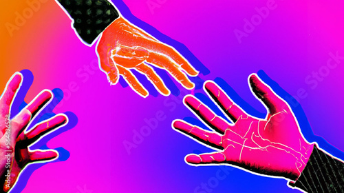 Hands in a pop art collage style in neon bold colors. Modern psychedelic creative element with human hands for posters, banners, wallpaper.